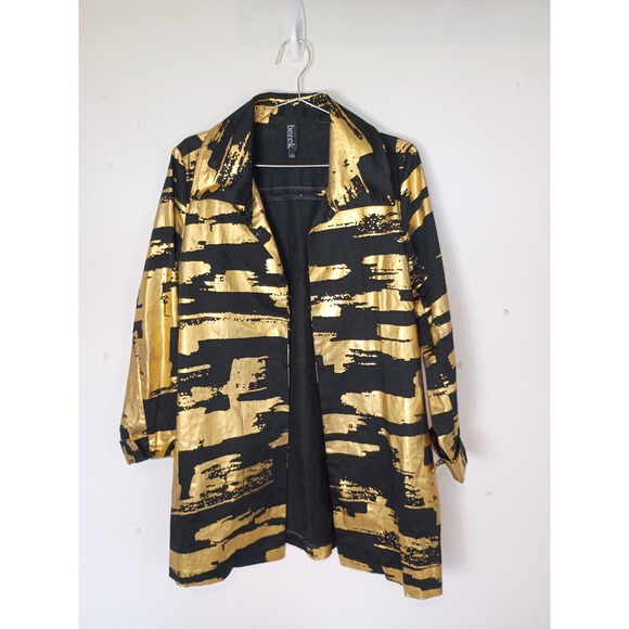 berek Jackets & Blazers - Berek Women Black Gold Metallic Foil Brushstroke Longline Jacket Coat Blazer L